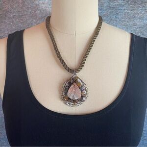 Bead Embroidered Desert Druzy Pendant Necklace